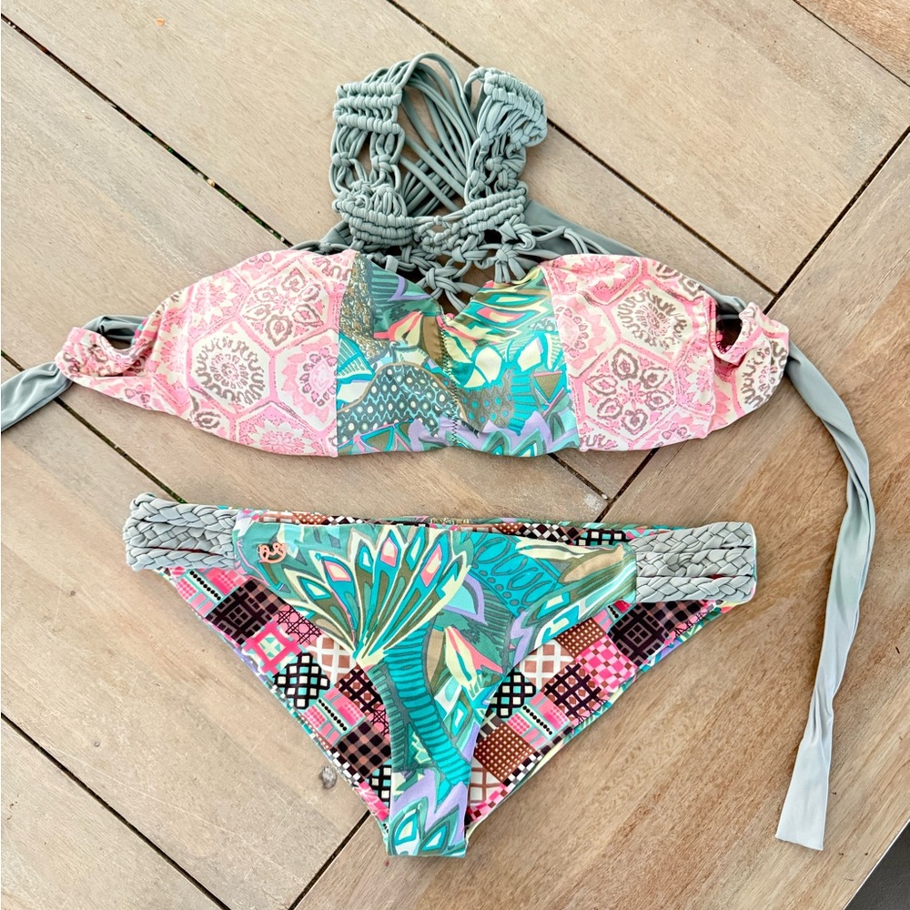Maaji Multicolor Macramé-Back Bikini — Pink, Teal, Gray